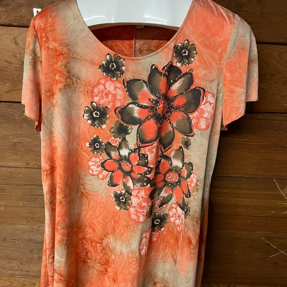 Women Short Sleeve Top - Orange Brown with Flowers - XL - Laura Ashley